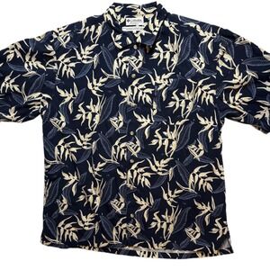 Columbia Mens XL‎ Navy Blue Button Up Shirt Short Sleeve Leaf Print Hawaiian